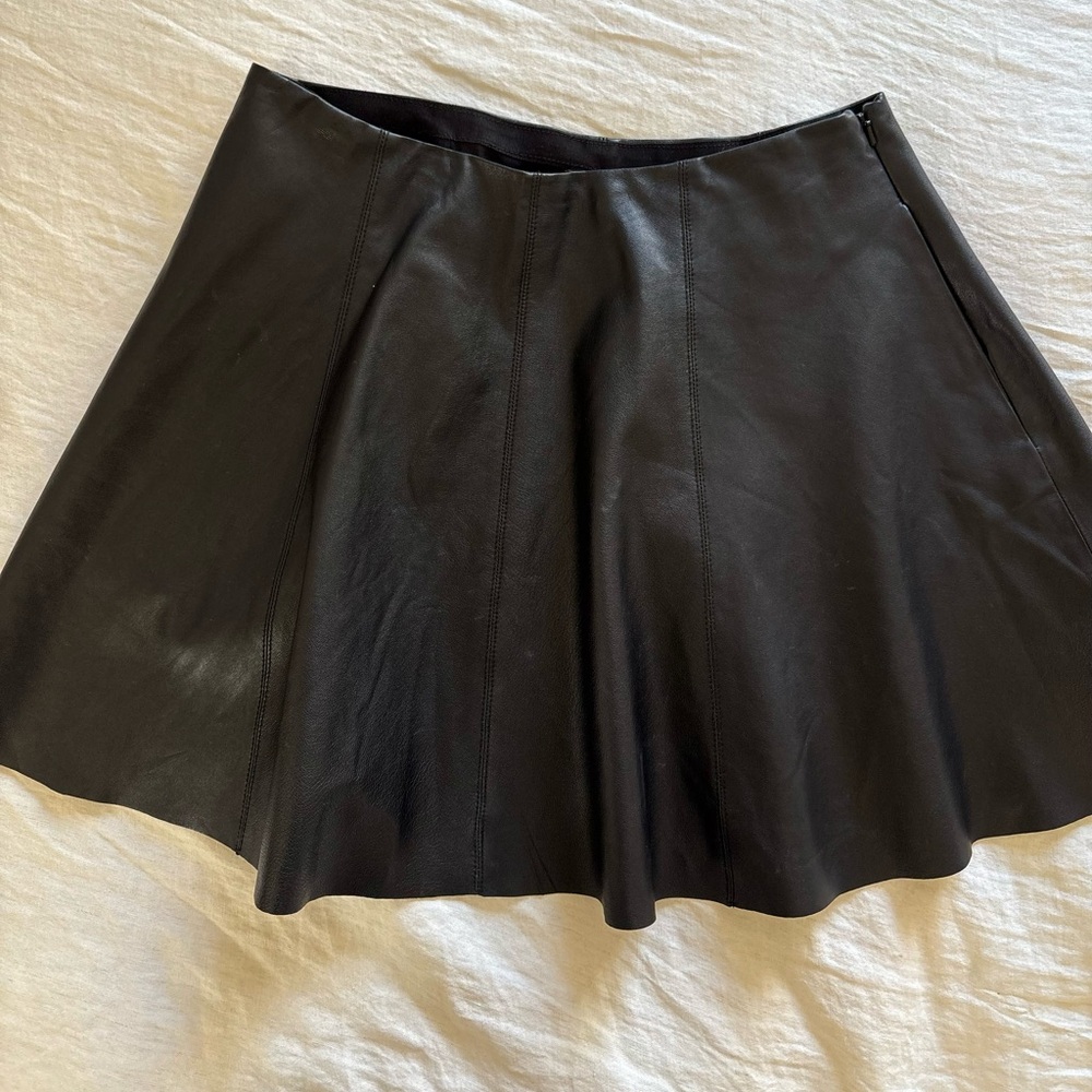 Theory Black Leather Mini Flare Skirt Size 6